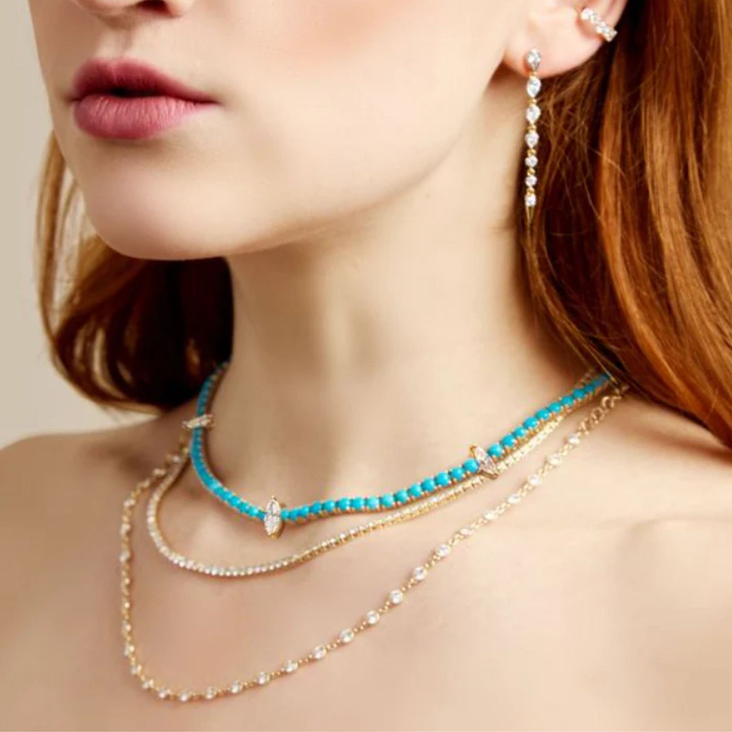 Turquoise Tennis Necklace with Marquise Diamond Accents in 14K solid yellow gold | Lumeniri
