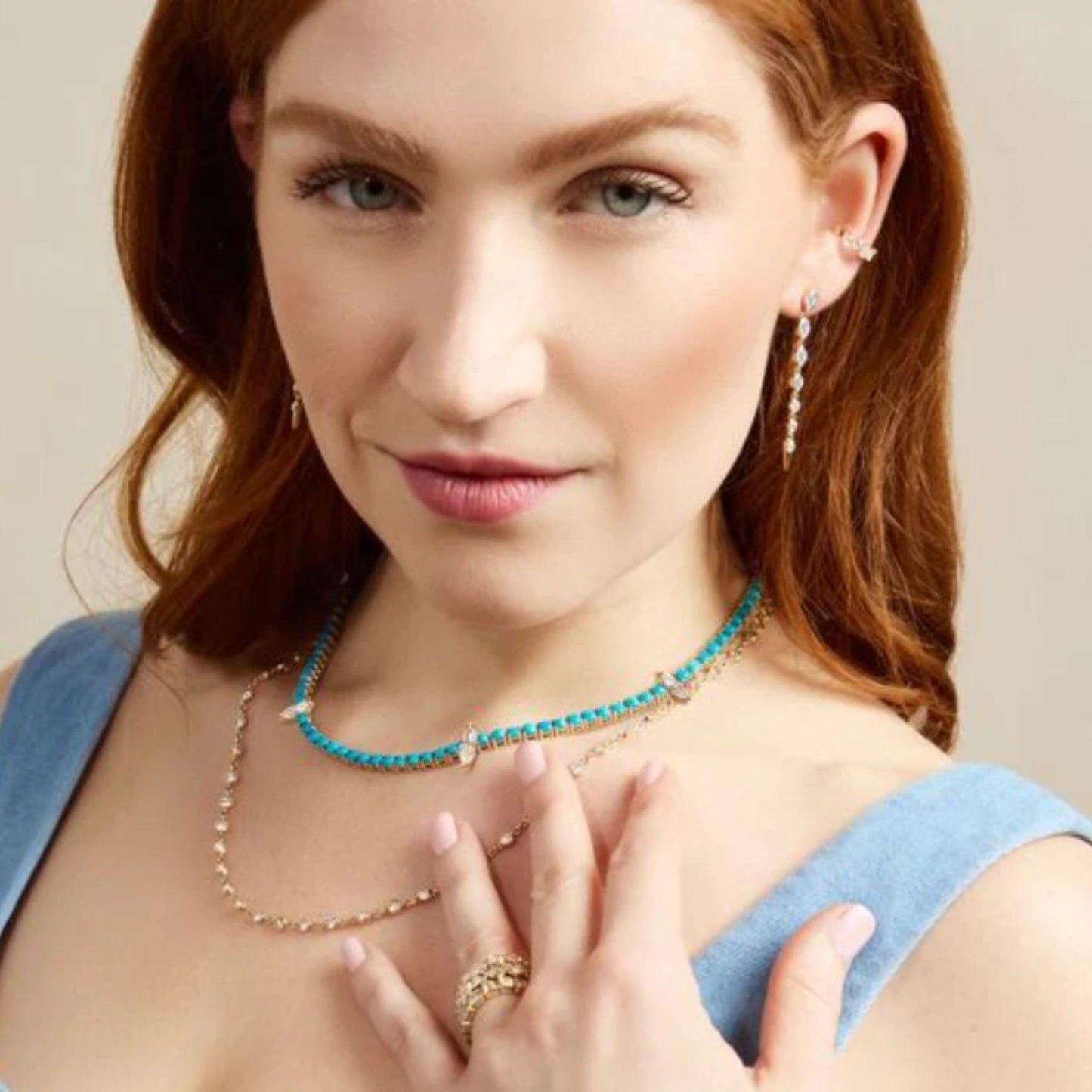 Turquoise Tennis Necklace with Marquise Diamond Accents in 14K solid yellow gold by Lumeniri