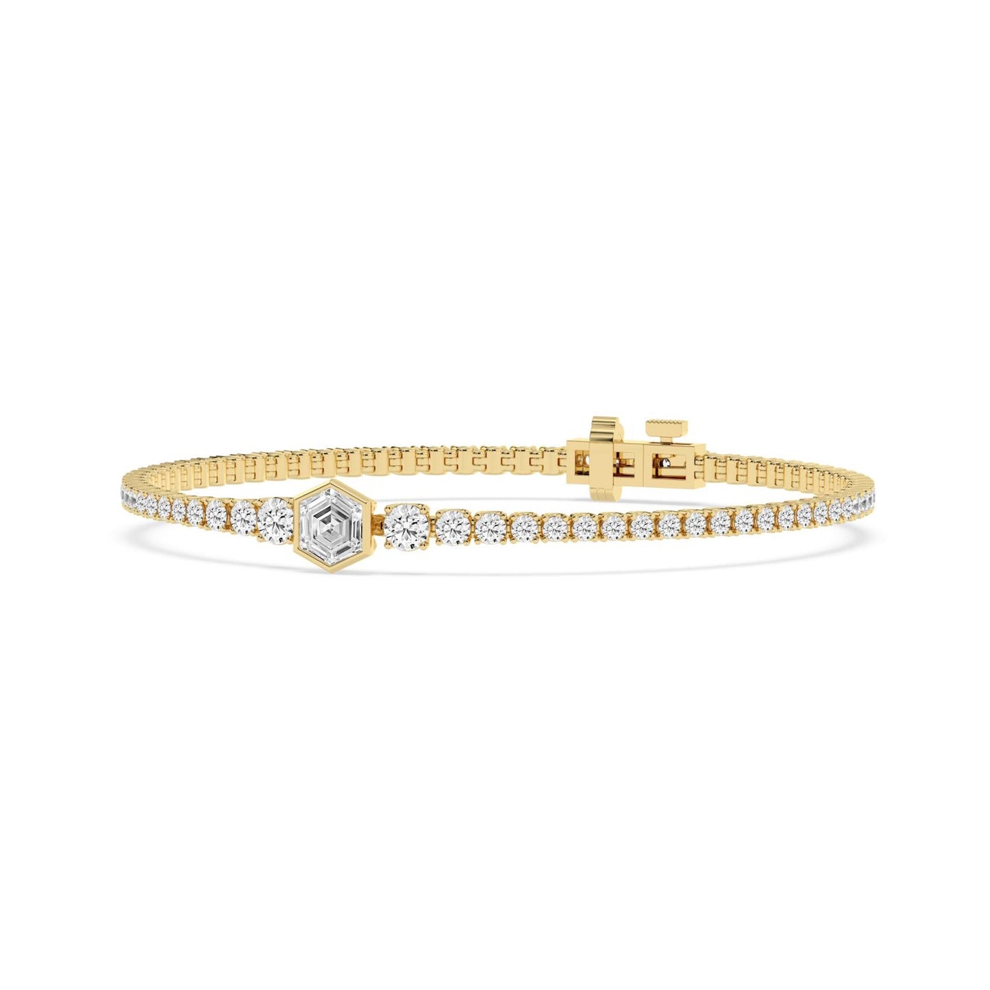 Valentina hexagon tennis bracelet by Lumeniri with graduated lab grown diamonds in polished 14K yellow gold setting