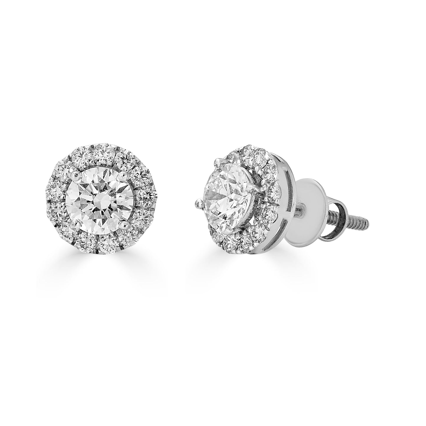 Zara petite halo diamond studs 0.75ct center lab created diamonds 14K white gold white background shot
