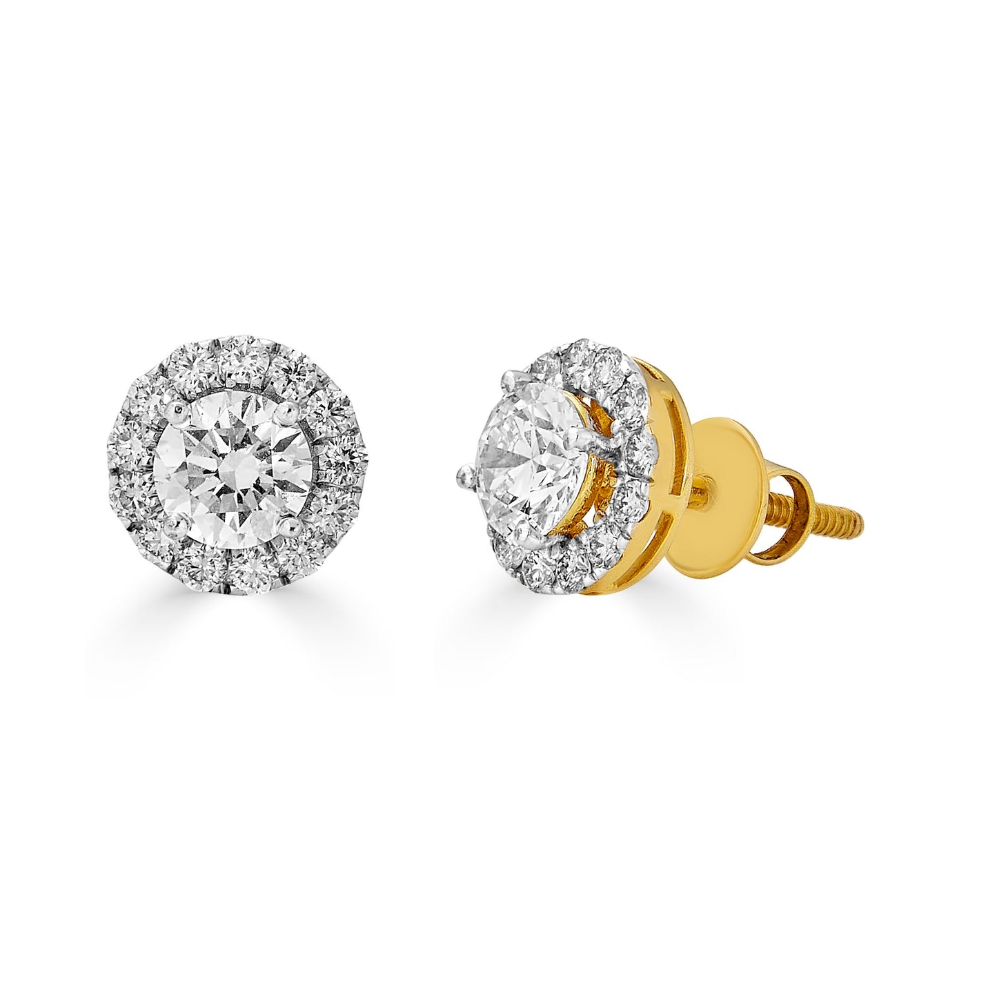 Zara petite halo diamond studs 0.75ct center lab created diamonds 14K yellow gold white background shot