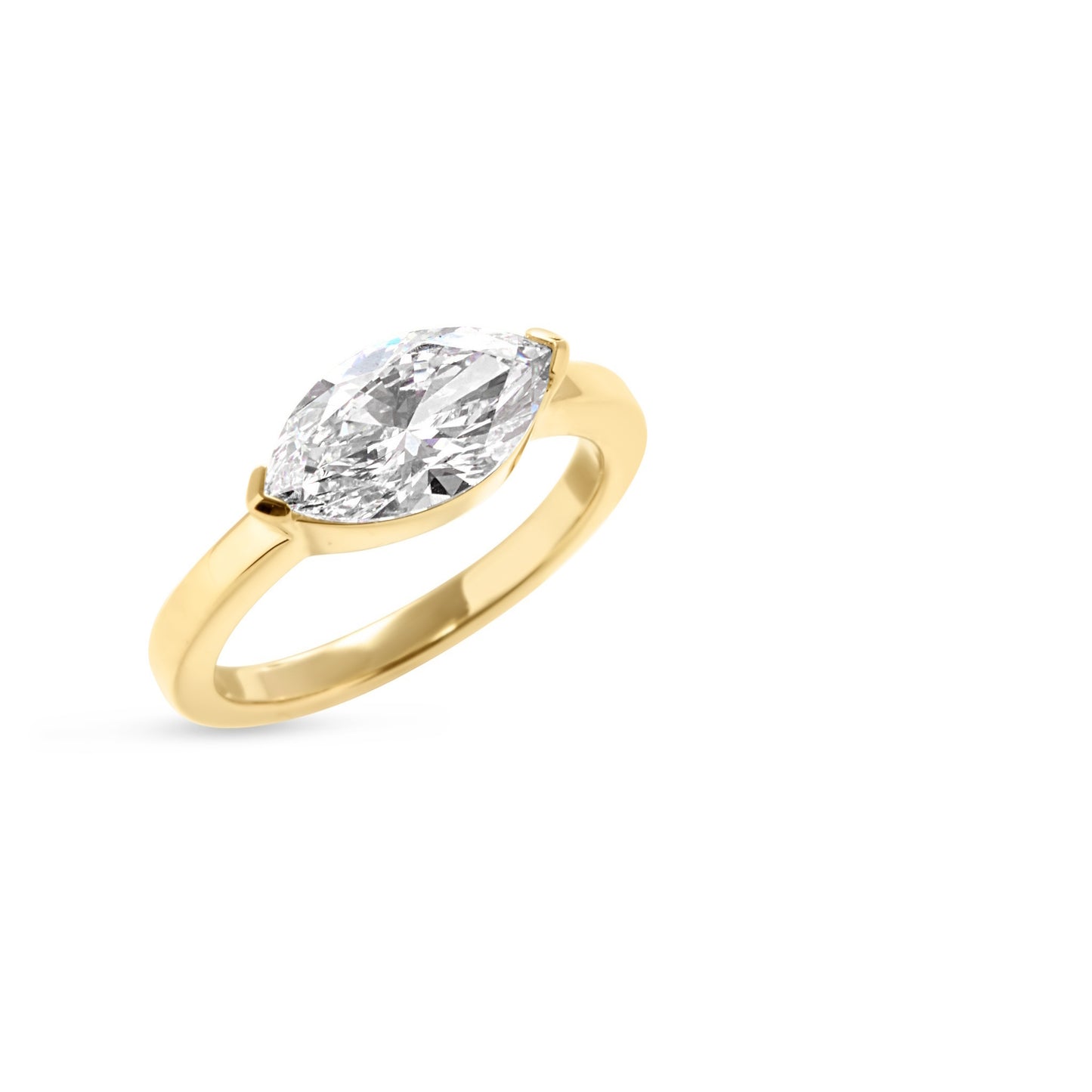 Aminta 2.00ct East-West Marquise Lab Grown Diamond Signet Ring in 14K yellow gold, showcasing a bold marquise-cut diamond set horizontally on a sleek, polished band.