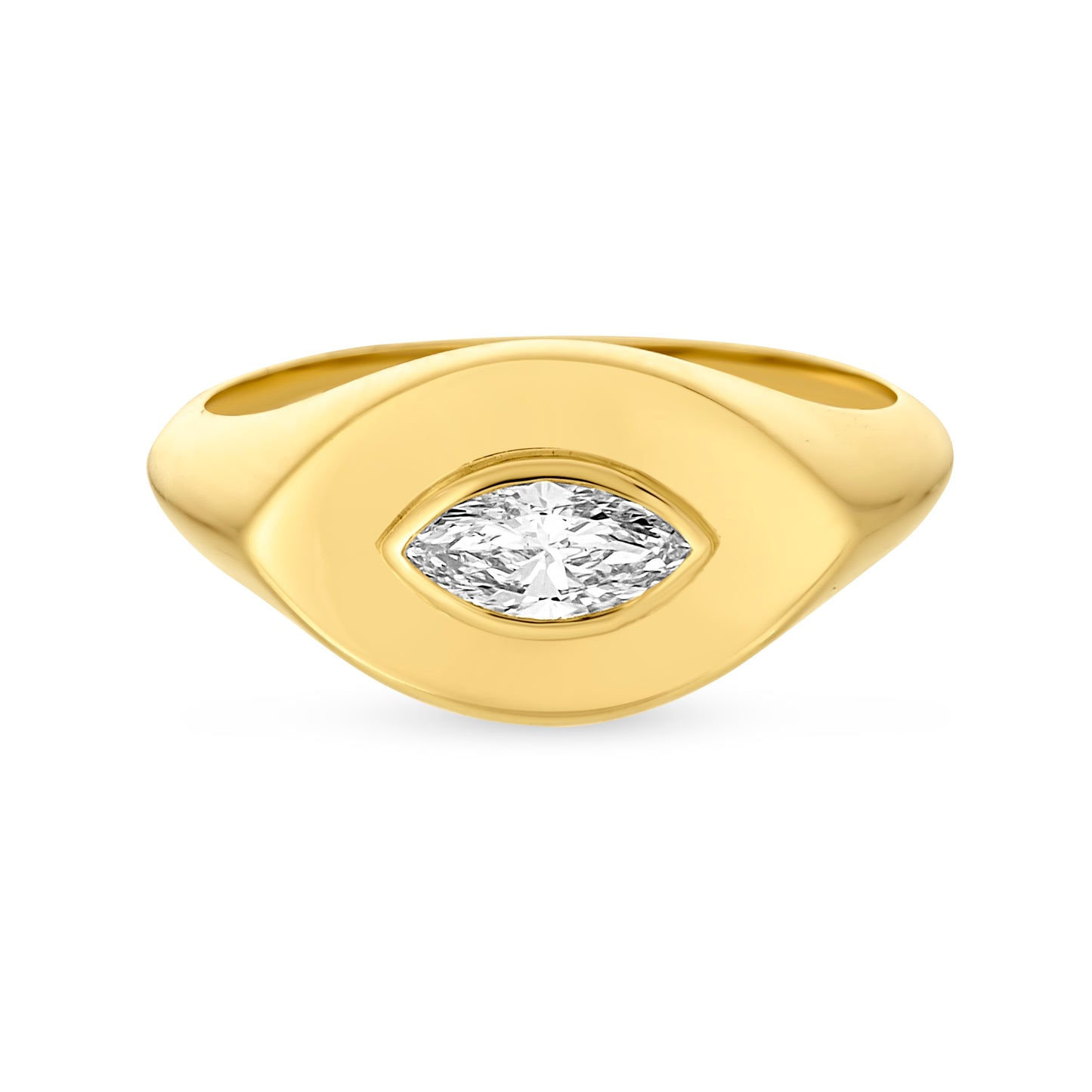 Front view of Lito Marquise Protective Eye Signet Ring in 14K Yellow Gold featuring a 0.3ct marquise-cut lab grown diamond with symbolic protective detailing.