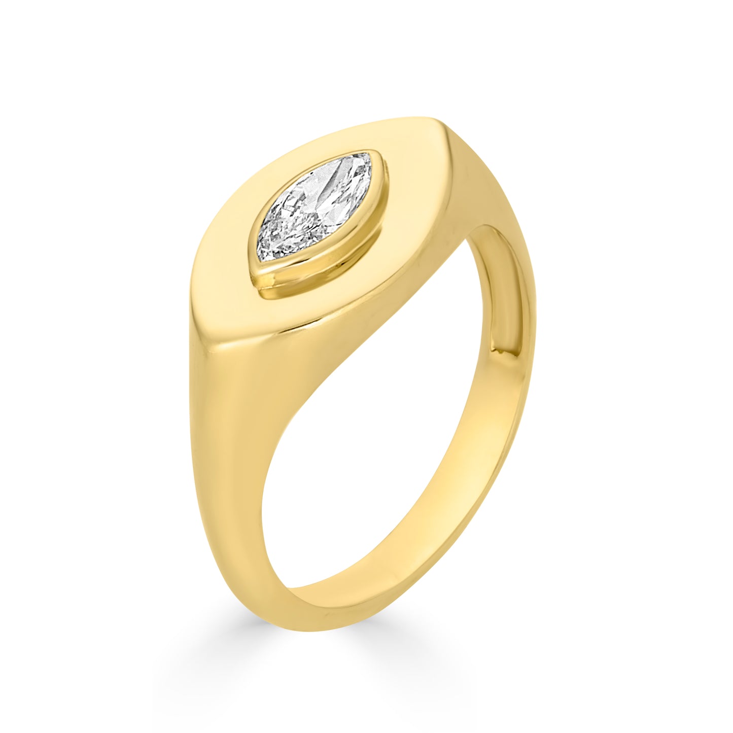 Side profile of Lito Marquise Eye Signet Ring in 14K Yellow Gold, showing the thickness and craftsmanship of the band and diamond setting.