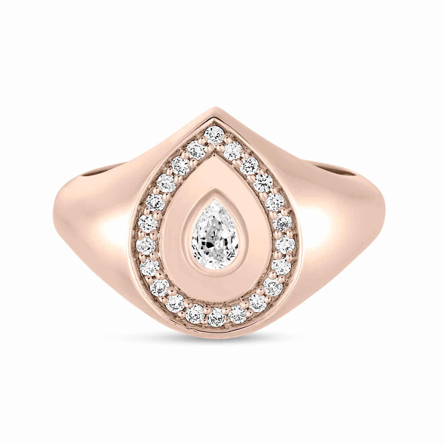 14K rose gold Lito Pear Halo Signet Ring showcasing a pear-shaped lab grown diamond in a radiant halo setting.