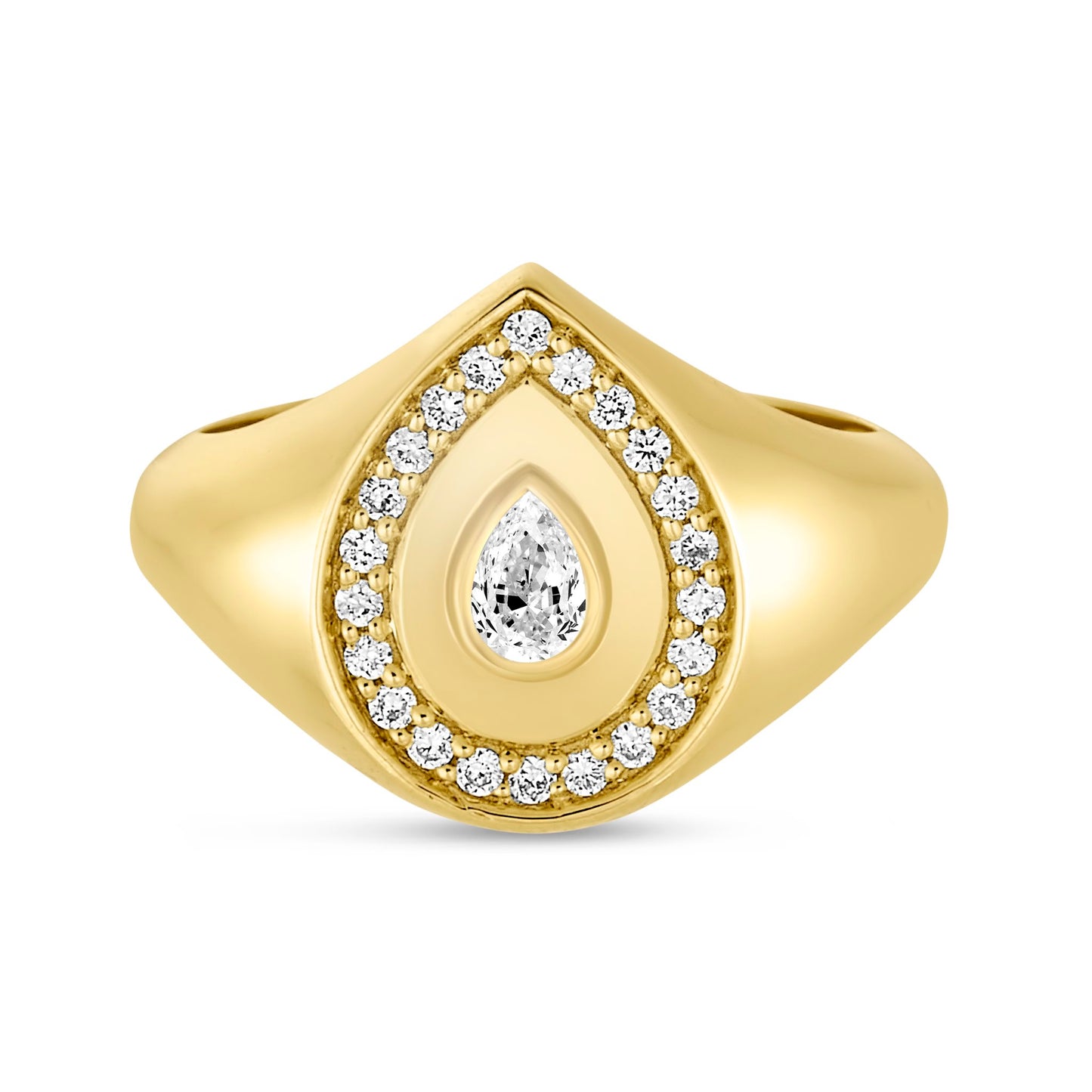 14K yellow gold Lito Pear Halo Signet Ring featuring a pear-cut lab grown diamond with a pavé halo on a smooth, polished band.