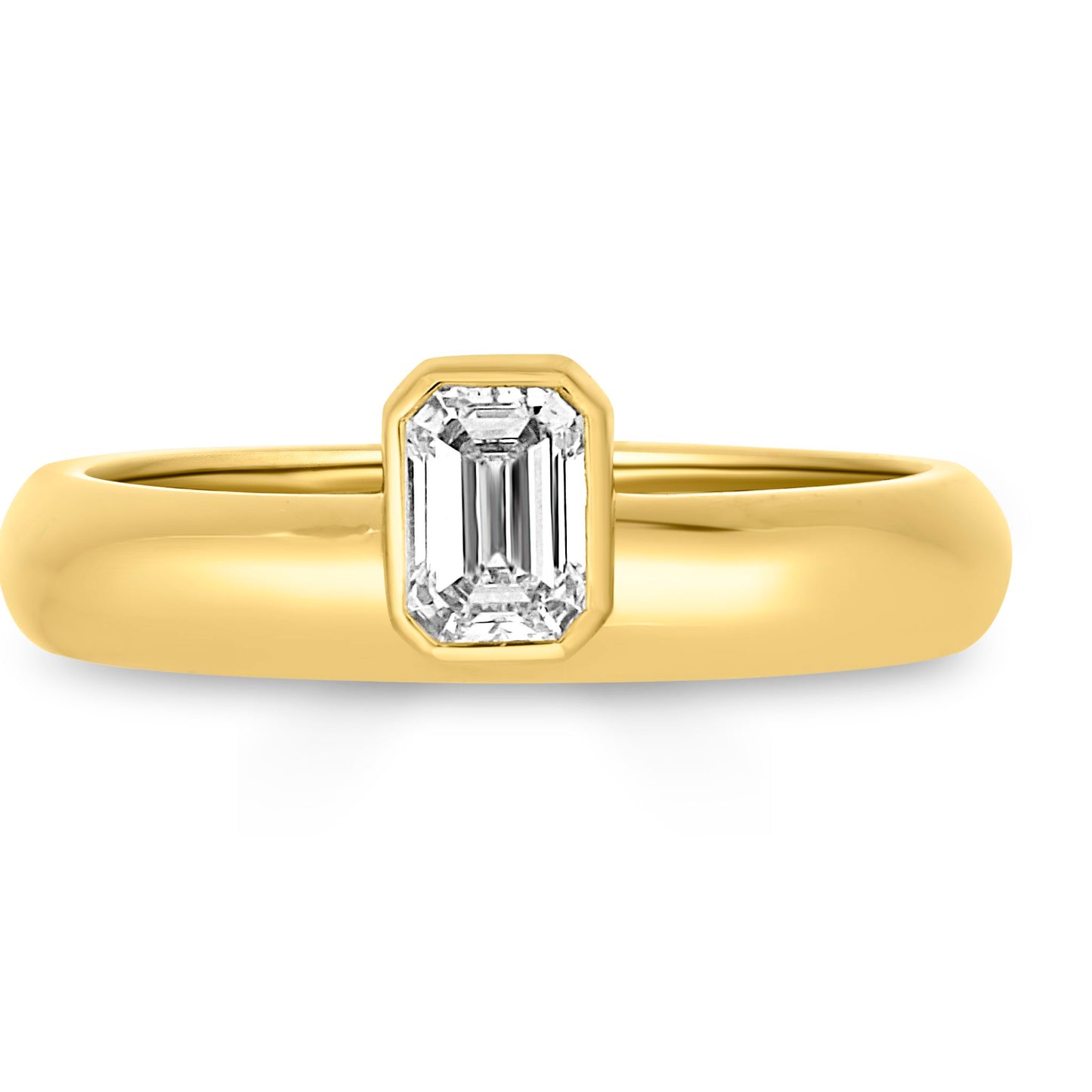 The Nadia Offset Emerald Cut Bezel Set Band by Lumeniri, featuring a 0.5ct lab-grown emerald-cut diamond set in 14K yellow gold with a modern offset design, shown on a white background.