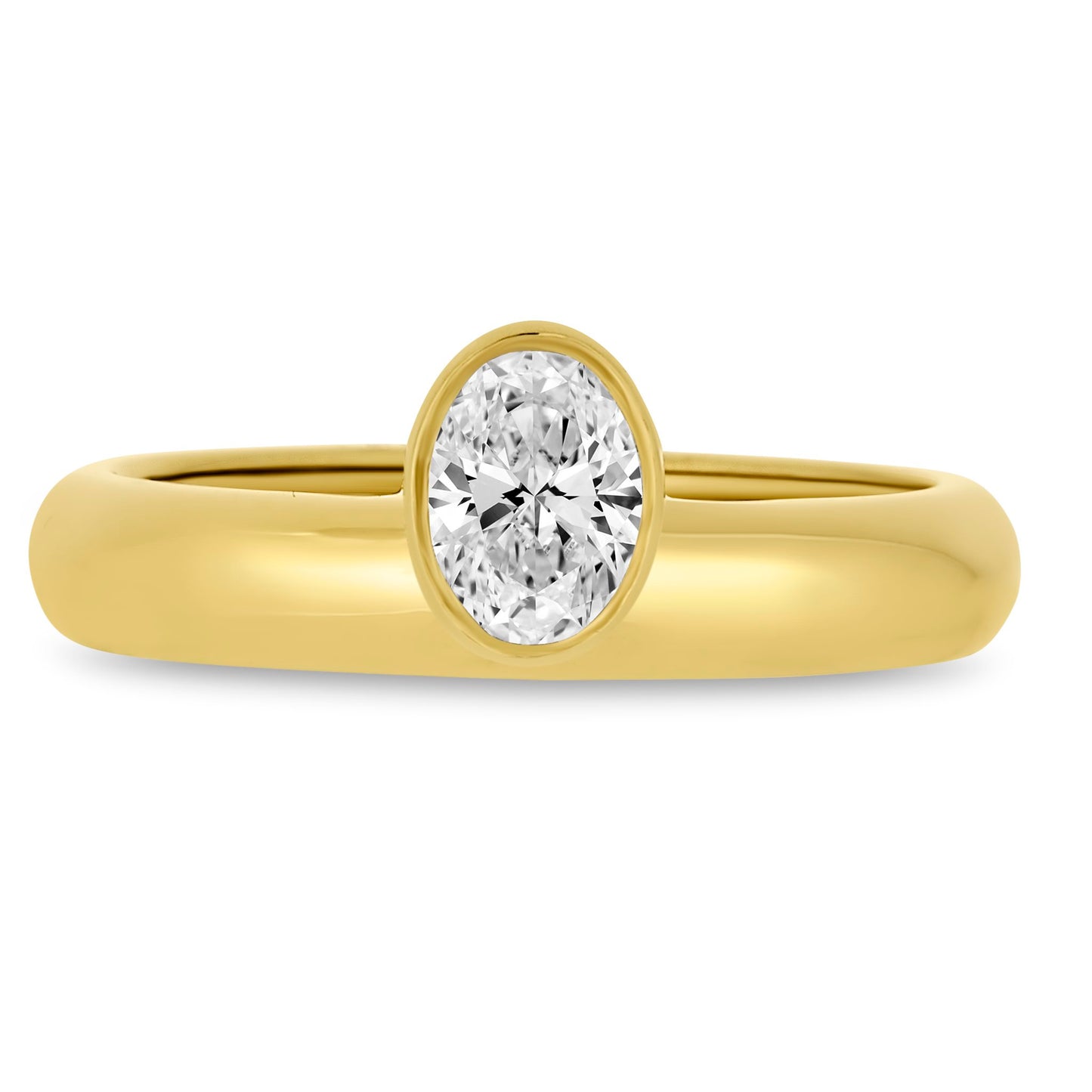 The Nadia Offset Oval Bezel Set Band by Lumeniri featuring a 0.5ct oval lab-grown diamond in a modern bezel setting, crafted in 14K yellow gold and displayed on a white background.