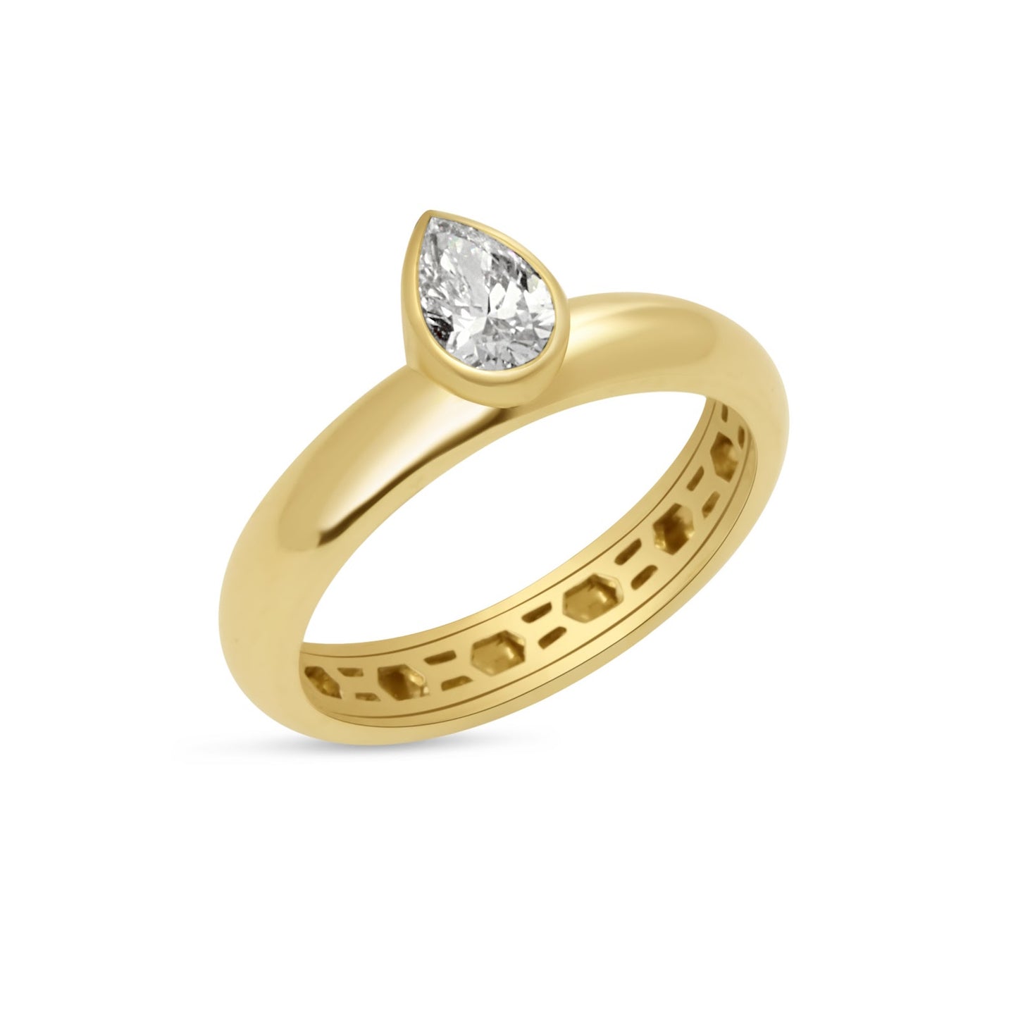 Lumeniri’s Nadia Offset Bezel Set Pear Band featuring a 0.5ct pear-shaped lab grown diamond in a sleek offset bezel setting, crafted in polished 14K yellow gold, shown on a white background.
