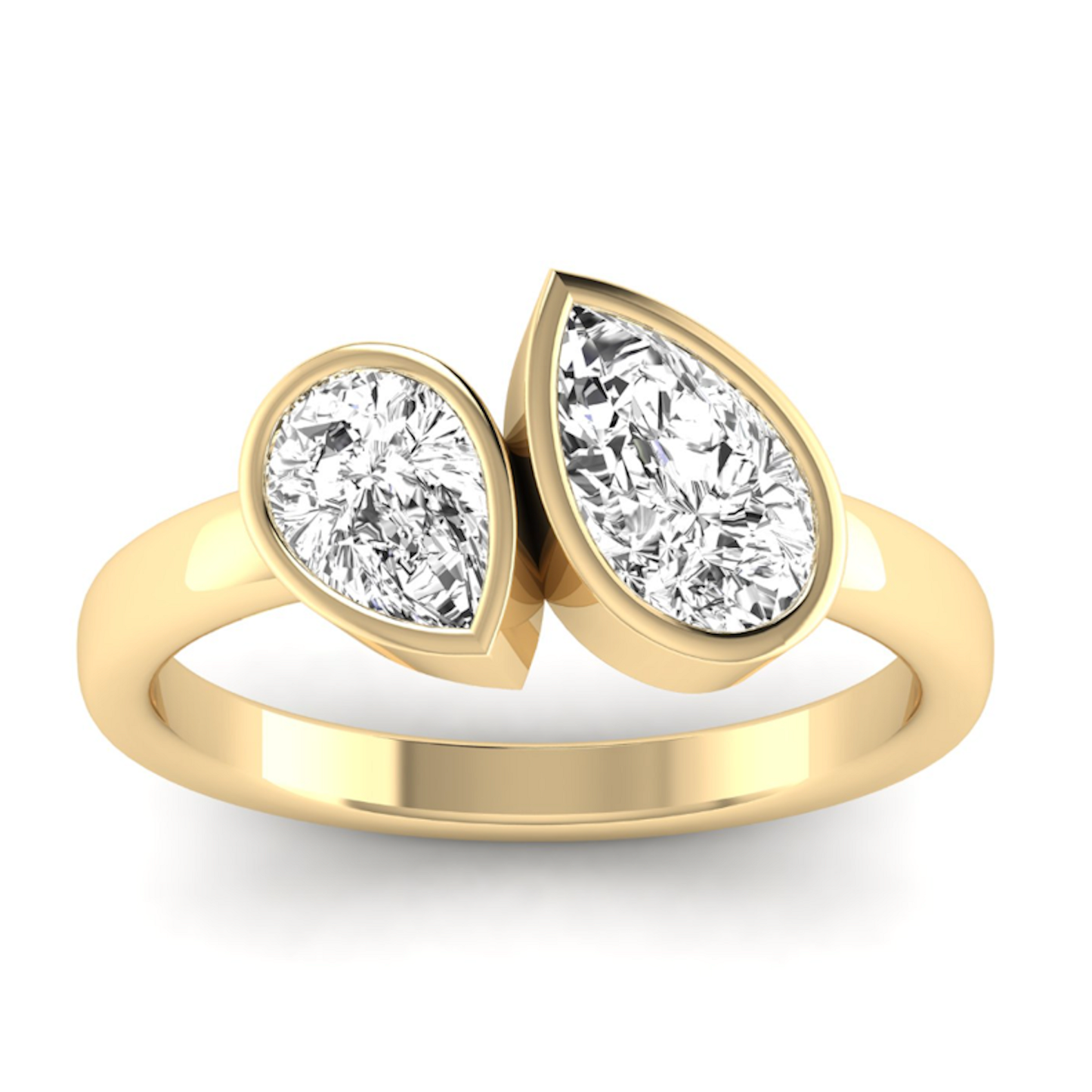 The Noura Duo Ring by Lumeniri, featuring a heart-shaped silhouette with two pear-cut lab-grown diamonds in a bezel setting, shown in 14K gold on a white background.
