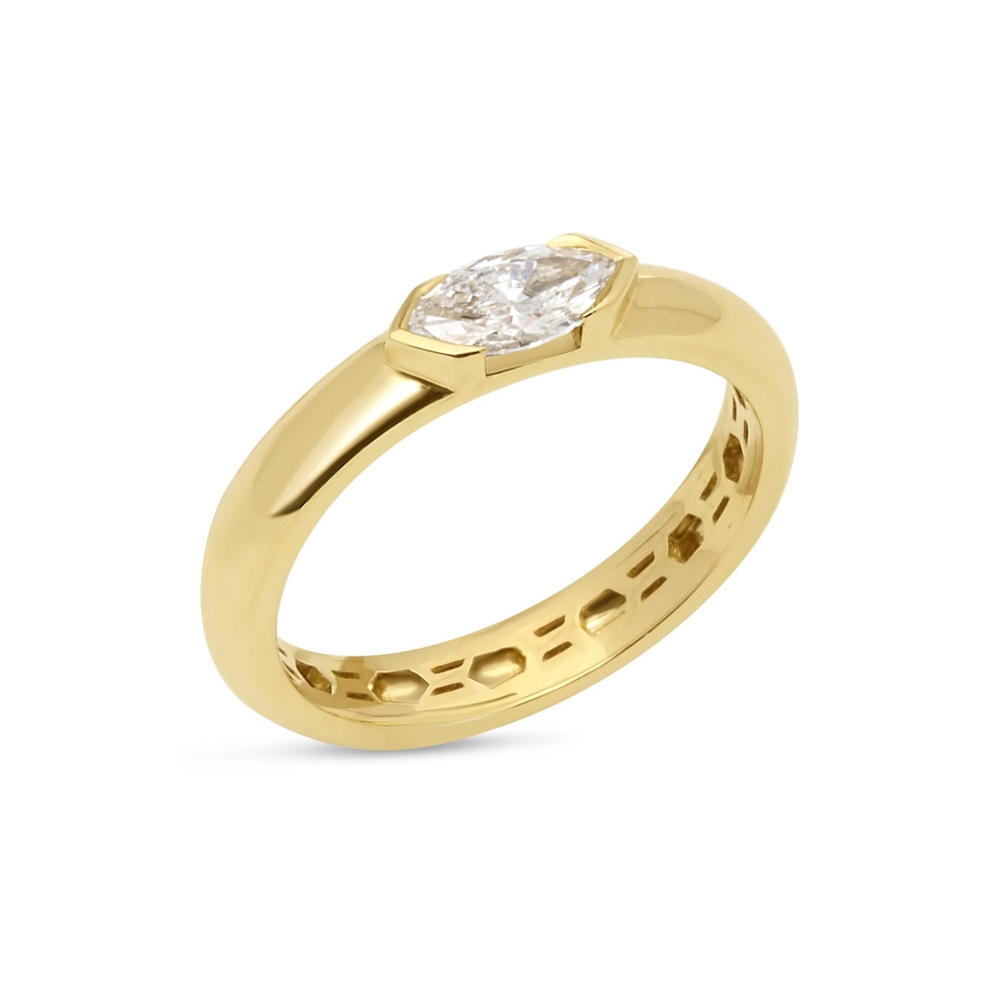 The Oran Half Bezel Marquise Solitaire Band by Lumeniri, featuring a 0.5ct lab-grown marquise diamond set in a sleek half-bezel design, crafted in 14K yellow gold and displayed on a white background.