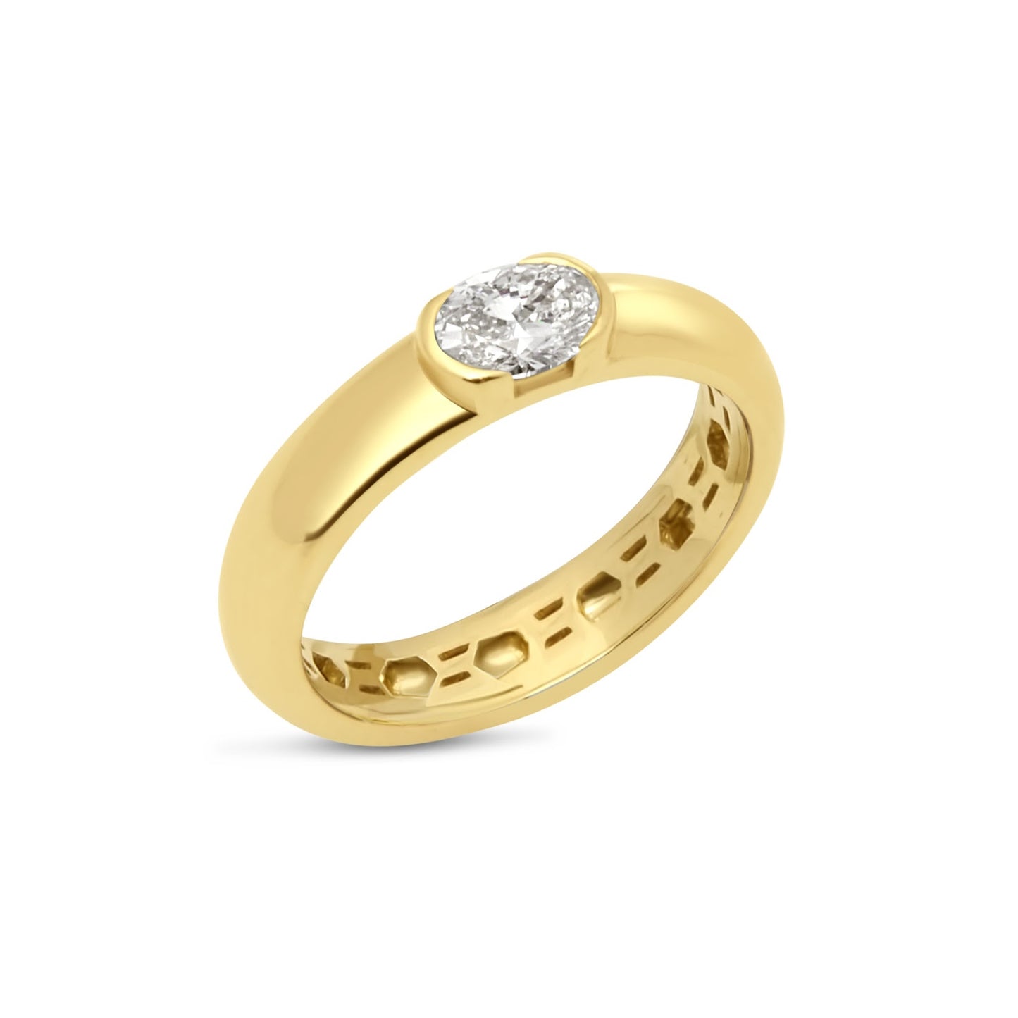 The Oran Half Bezel Oval Solitaire Band by Lumeniri, featuring a 0.5ct oval-cut lab-grown diamond in a sleek half-bezel setting, crafted in 14K yellow gold and displayed on a white background.