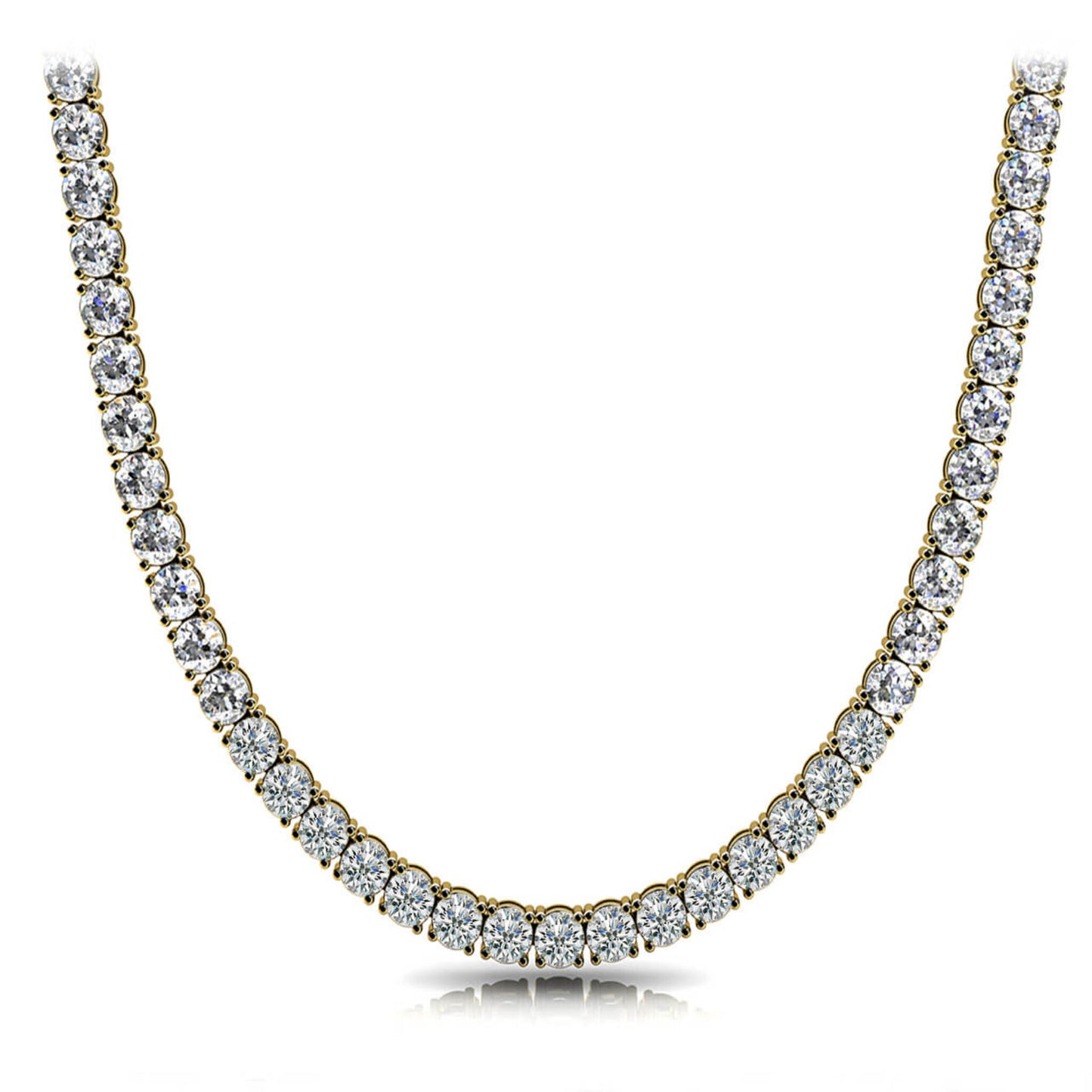Lumeniri Claire II diamond tennis necklace with continuous line of F-G VS lab grown diamonds in elegant 14K yellow gold design on clean white background.