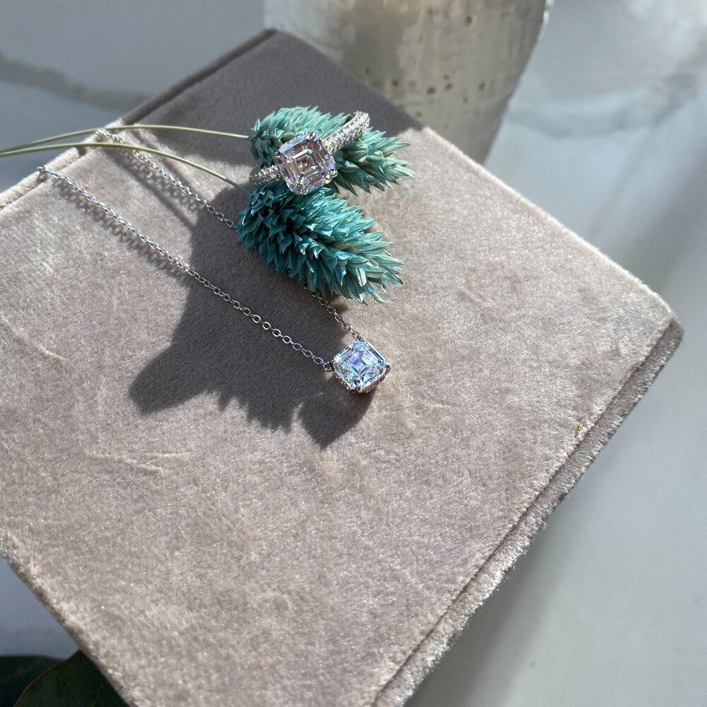 Lumeniri Asscher Cut Hidden Halo Solitaire Lab Diamond Pendant Necklace in 14K Gold