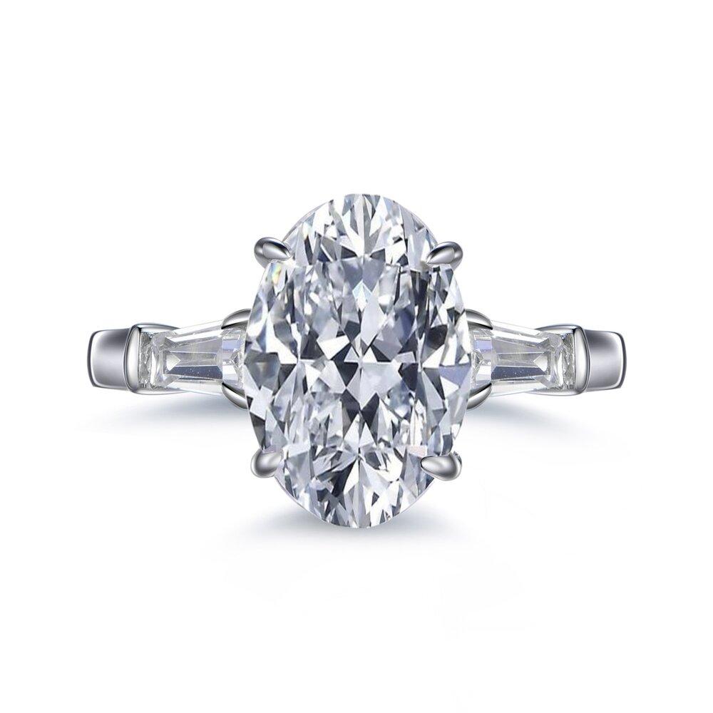 Lumeniri 14K Gold Three Stone Oval Diamond Engagement Ring with Tapered Baguettes Ring