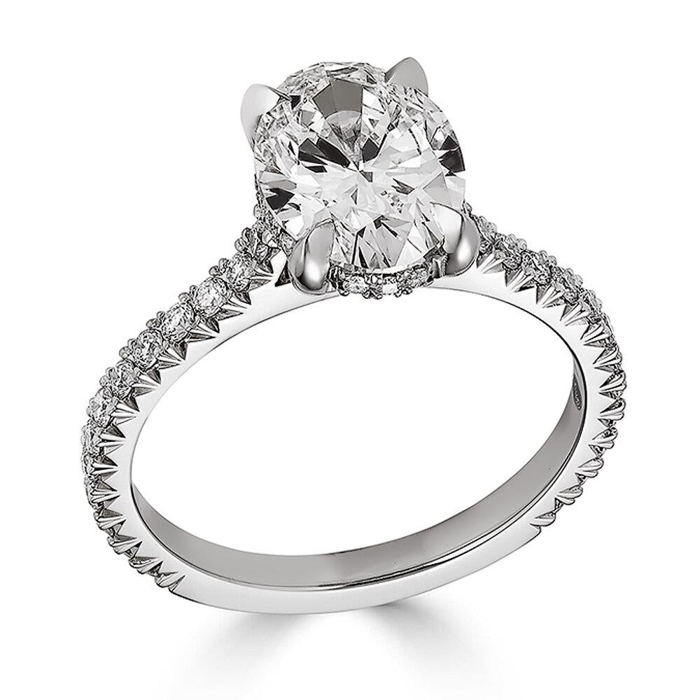 oval-cut lab-grown diamond center stone on the Soleil Hidden Halo Solitaire Ring in 14K White Gold by Lumeniri